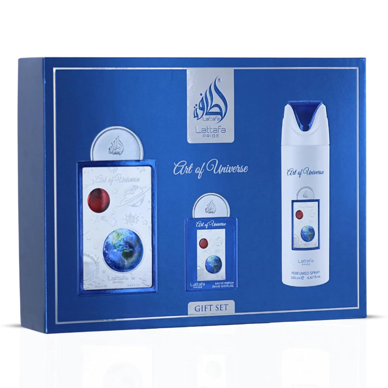 lattafa art of universe set 1 Lattafa Pride Art Of Universe komplekts vīriešiem un sievietēm (100 ml EDP + 20 ml EDP + 200 ml izsmidzināms dezodorants) - Image 1