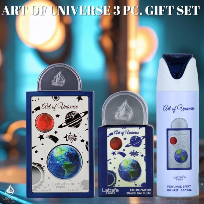 Lattafa Pride Art Of Universe komplekts vīriešiem un sievietēm (100 ml EDP + 20 ml EDP + 200 ml izsmidzināms dezodorants) - Image 2
