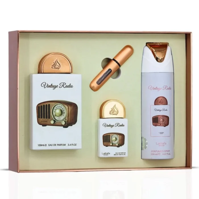 Lattafa Pride Vintage Radio komplekts vīriešiem un sievietēm (100 ml EDP + 20 ml EDP + 200 ml izsmidzināms dezodorants) - Image 3