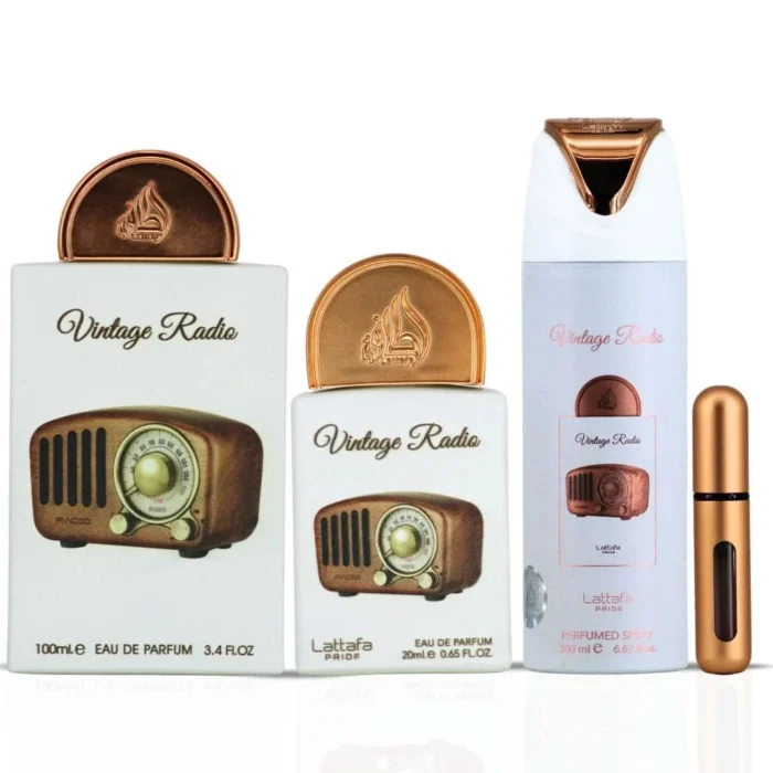 Lattafa Pride Vintage Radio komplekts vīriešiem un sievietēm (100 ml EDP + 20 ml EDP + 200 ml izsmidzināms dezodorants) - Image 6